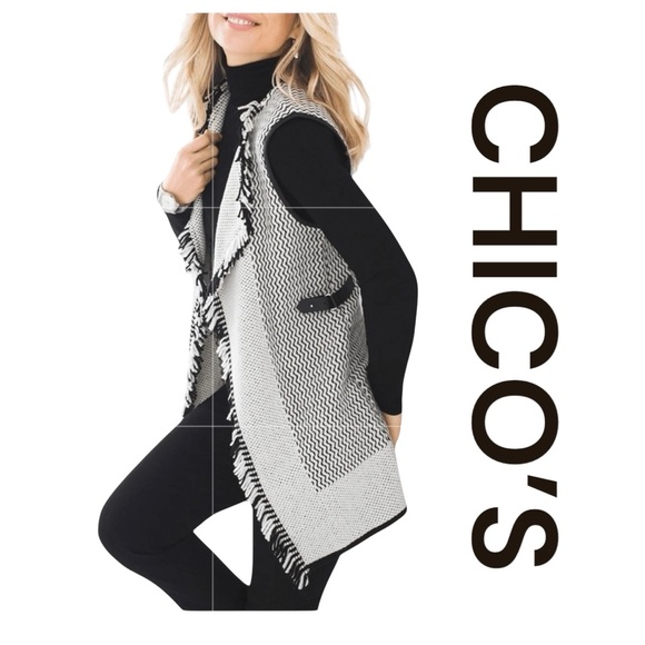 CHICO'S Gigi Fringed Vest in Black & Off-White, Wool Blend, Size 0=S/4. - Picture 1 of 13